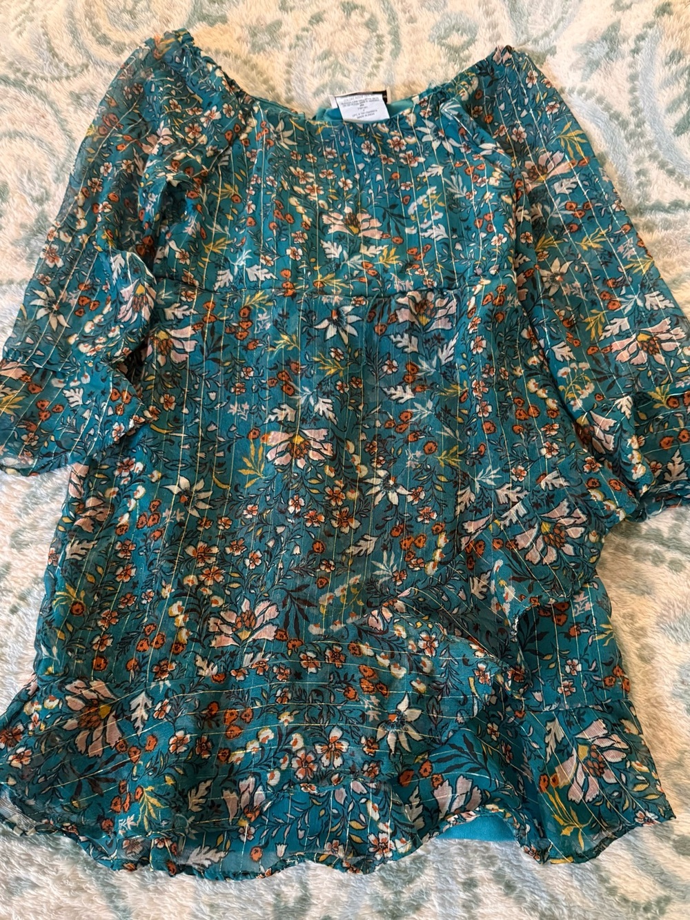 Girls Teal Floral Smocked Casual Dress size 7